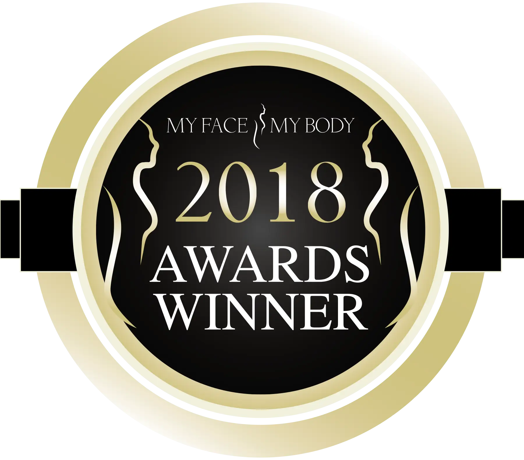 Award badge for "My Face My Body" 2018 Awards Winner, featuring a black and gold circular design with elegant silhouettes, highlighting excellence in beauty and wellness.