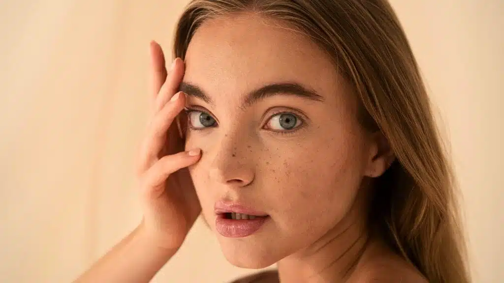 Close-up portrait of a young woman with long, straight hair and striking blue eyes. She has a natural, fresh look, featuring light freckles across her cheeks and a subtle smile. Her hand gently touches her face, enhancing the intimate and thoughtful expression. The background is softly blurred with warm, neutral tones, creating a serene atmosphere. This image captures the essence of beauty and confidence, making it ideal for beauty and skincare content.