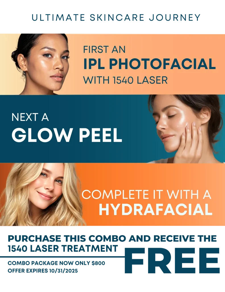 Image promoting an ultimate skincare journey featuring three steps: an IPL photofacial with a 1540 laser, a glow peel, and a hydrafacial. The image highlights a special offer where purchasing this combo includes a free 1540 laser treatment. The design includes images of three women showcasing healthy, radiant skin, emphasizing the benefits of each skincare treatment. The promotional text indicates a limited-time offer with a pricing detail of $199. This alt text is designed to enhance search visibility while ensuring accessibility