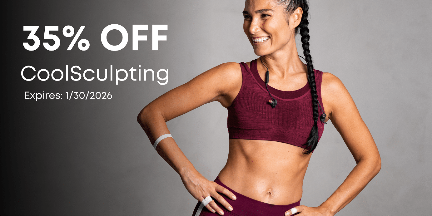 A smiling woman in a maroon athletic outfit showcases a promotional offer for 35% off CoolSculpting, a non-surgical body contouring treatment. She stands confidently with her hand on her hip, emphasizing her toned physique. The background is a gradient of dark gray, enhancing the focus on the offer details, which states that the promotion expires on January 30, 2026. This image conveys a sense of empowerment and fitness, appealing to individuals interested in body sculpting solutions.