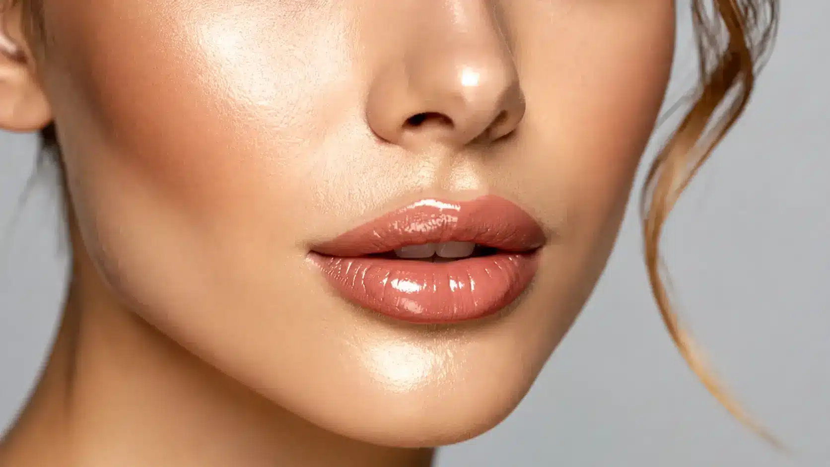 Close-up of a woman's face showcasing her lips, which are glossy and tinted in a nude shade. The skin appears smooth and radiant, highlighting a natural makeup look. Soft lighting accentuates her cheekbones and the contours of her face, creating a fresh and youthful appearance. The background is a subtle gray, enhancing the focus on her features. This image is ideal for beauty, skincare, and cosmetic content aimed at promoting lip products or makeup techniques.