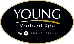 Logo of Young Medical Spa, featuring the name "YOUNG" in bold white letters on a black background, with "Medical Spa" in smaller white text below. The design includes a gold curved line beneath the name and the phrase "By MD Esthetics" in smaller font at the bottom. This image represents a modern aesthetic clinic focused on beauty and wellness services.
