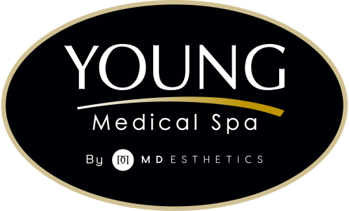 Logo of Young Medical Spa, featuring the name "YOUNG" in bold white letters on a black background, with "Medical Spa" in smaller white text below. The design includes a gold curved line beneath the name and the phrase "By MD Esthetics" in smaller font at the bottom. This image represents a modern aesthetic clinic focused on beauty and wellness services.