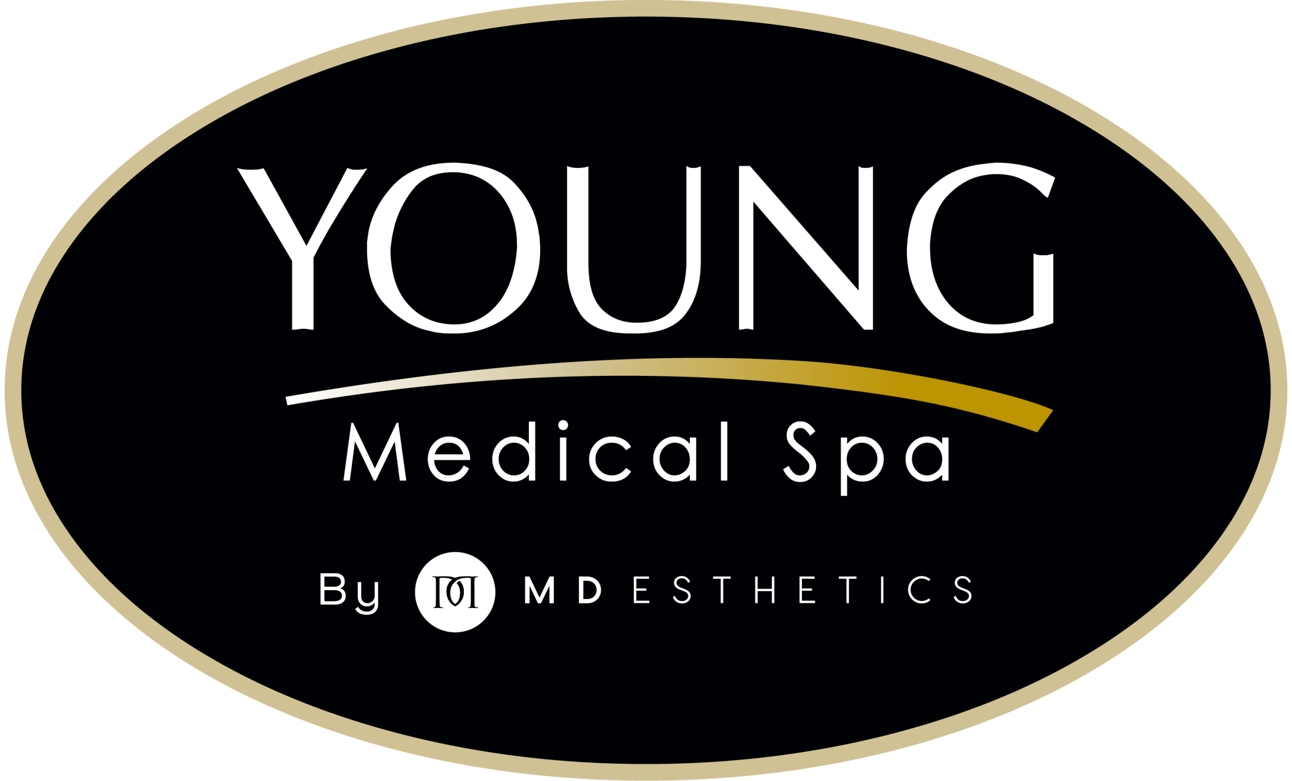 Logo of Young Medical Spa, featuring the name "YOUNG" in bold white letters on a black background, with "Medical Spa" in smaller white text below. The design includes a gold curved line beneath the name and the phrase "By MD Esthetics" in smaller font at the bottom. This image represents a modern aesthetic clinic focused on beauty and wellness services.