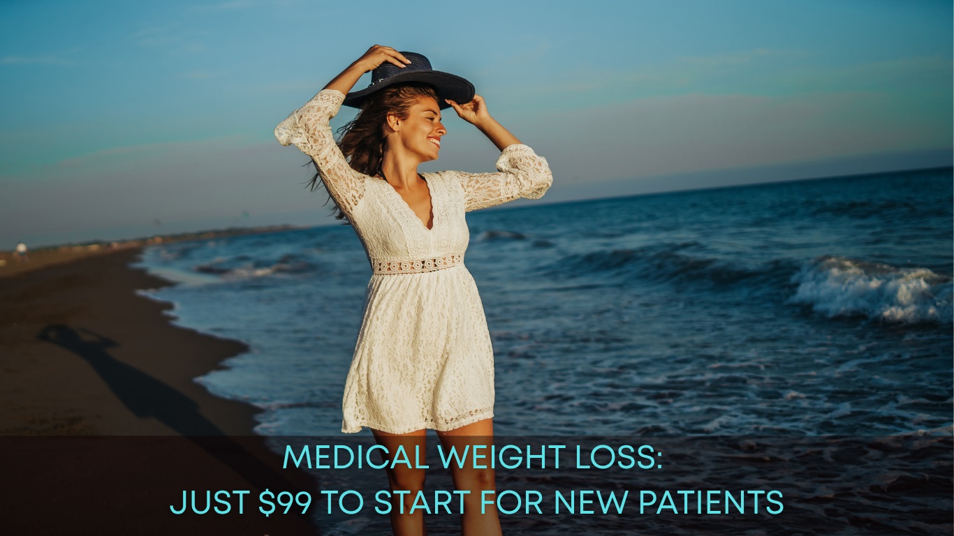 Smiling woman in a white dress and hat stands on a beach, enjoying the ocean breeze. The image promotes a medical weight loss program, highlighting an introductory offer of $99 for new patients. The serene beach setting and the woman's joyful expression convey a sense of health and vitality, appealing to individuals seeking weight management solutions.
